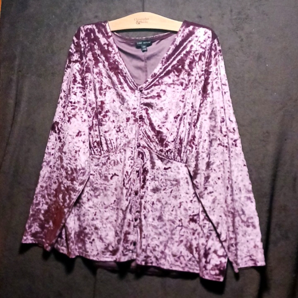 Lane Bryant, 3X, Plum Velvet Button-Up V-Neck Sweater